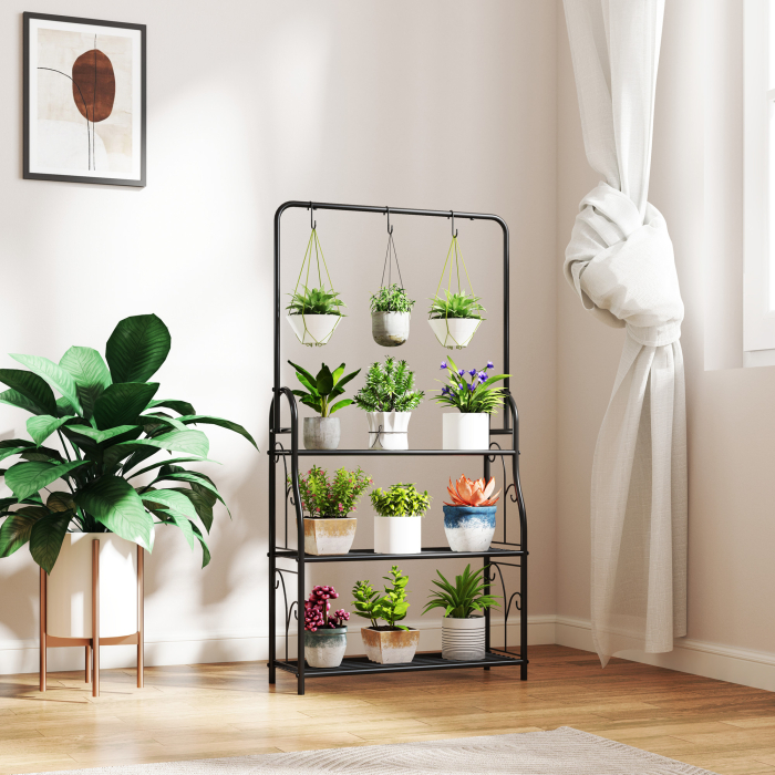  Suport pentru Plante pe 3 Niveluri cu Bara pentru Agatat si Carlige, Raft Metalic pentru Flori si Ghivece, pentru Interior si Exterior, Balcon, Living, Dormitor, Negru [7]