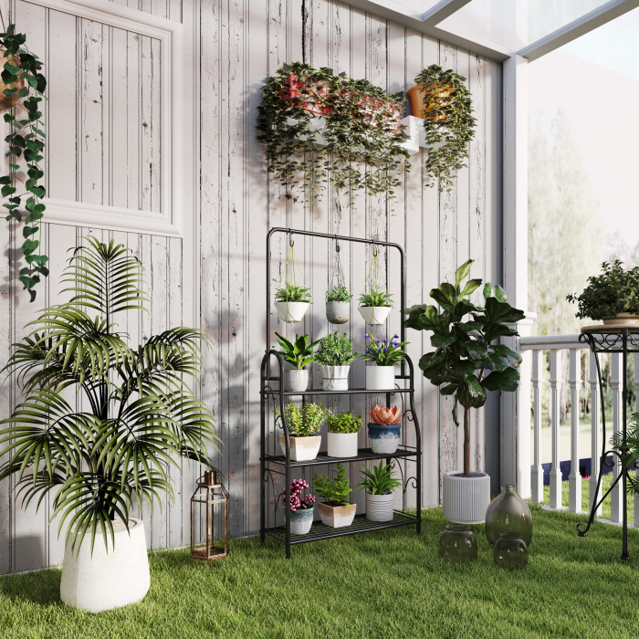  Suport pentru Plante pe 3 Niveluri cu Bara pentru Agatat si Carlige, Raft Metalic pentru Flori si Ghivece, pentru Interior si Exterior, Balcon, Living, Dormitor, Negru [2]