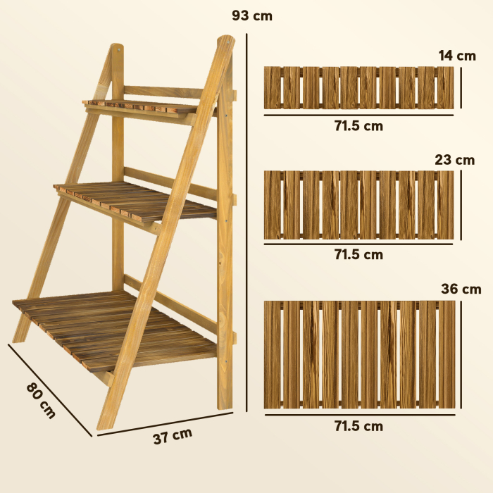  Suport pentru Plante Pliabil, Jardiniera cu 3 Niveluri, Raft de Exterior pentru Plante, 80x37x93 cm, Lemn Natural [3]