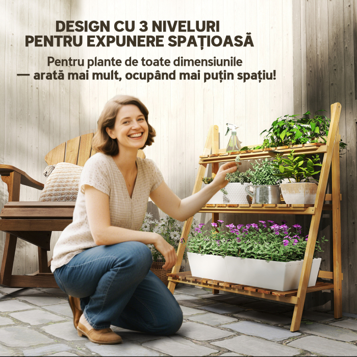  Suport pentru Plante Pliabil, Jardiniera cu 3 Niveluri, Raft de Exterior pentru Plante, 80x37x93 cm, Lemn Natural [4]
