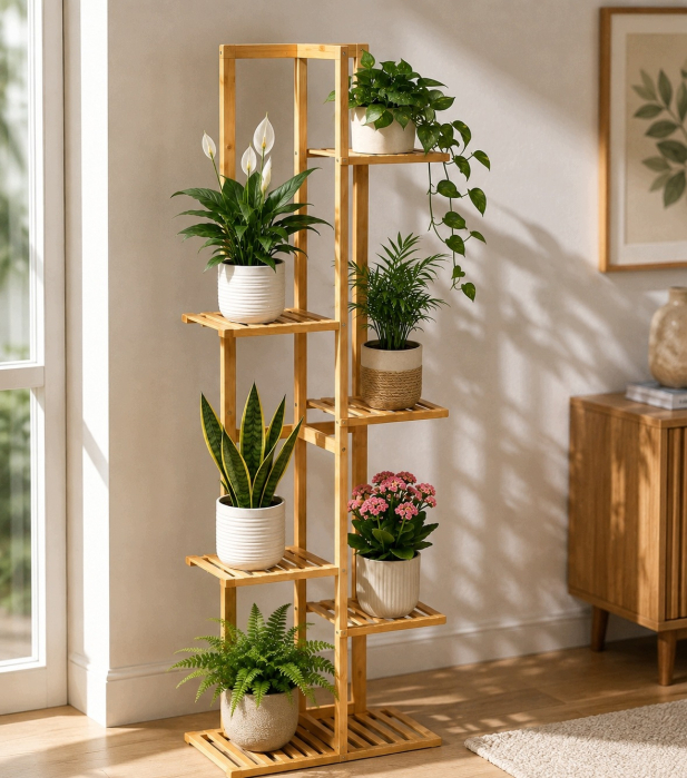 Suport pentru plante si ghivece cu 6 niveluri, din bambus natural, design vertical cu rafturi asimetrice pentru expunerea plantelor la diferite inalti [2]