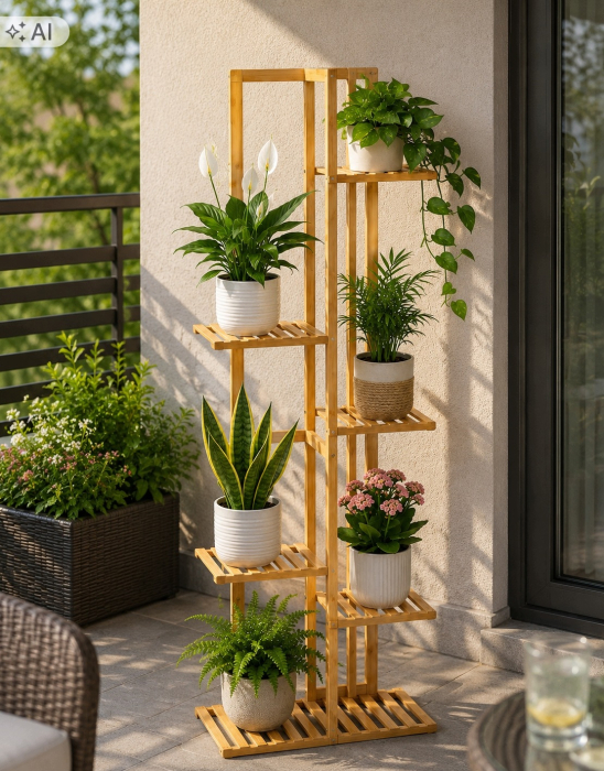 Suport pentru plante si ghivece cu 6 niveluri, din bambus natural, design vertical cu rafturi asimetrice pentru expunerea plantelor la diferite inalti [8]
