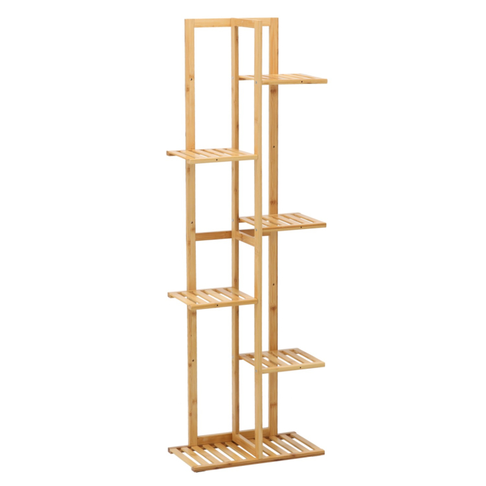 Suport pentru plante si ghivece cu 6 niveluri, din bambus natural, design vertical cu rafturi asimetrice pentru expunerea plantelor la diferite inalti [10]