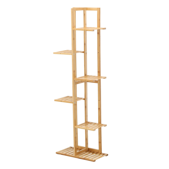 Suport pentru plante si ghivece cu 6 niveluri, din bambus natural, design vertical cu rafturi asimetrice pentru expunerea plantelor la diferite inalti [4]