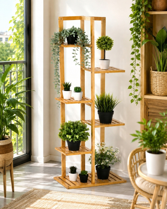 Suport pentru plante si ghivece cu 6 niveluri, din bambus natural, design vertical cu rafturi asimetrice pentru expunerea plantelor la diferite inalti [7]