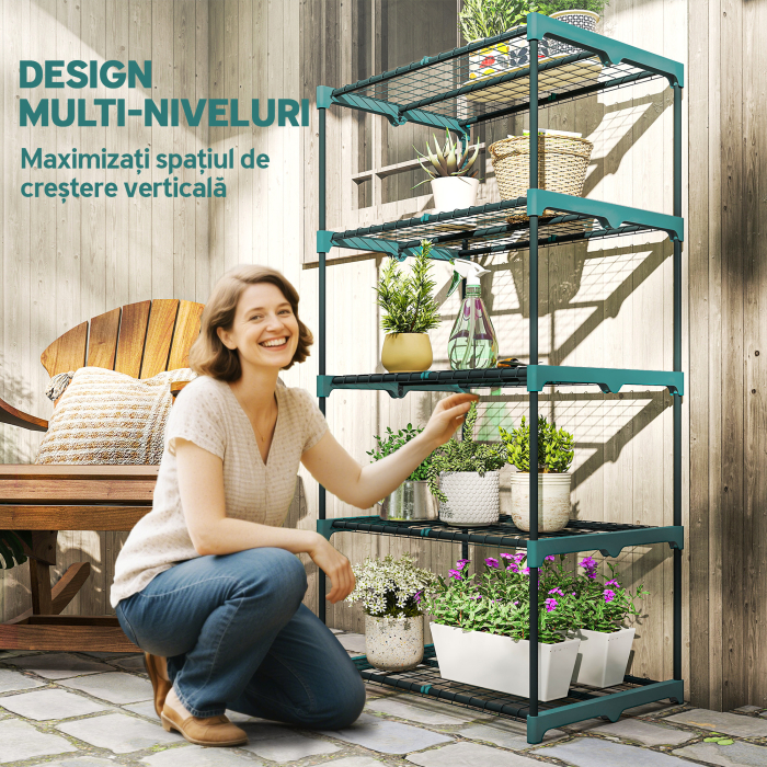  Suport pentru Plante Vertical cu 5 Nivele din Otel si Plastic, Suport Ghivece Interior si Exterior Gradina Balcon, 67x49x138 cm, Verde inchis [4]