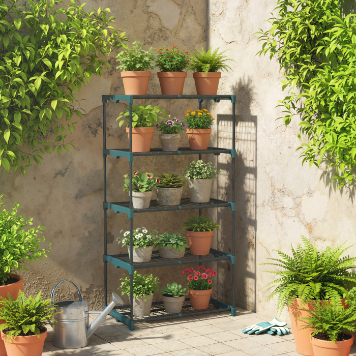 Suport pentru Plante Vertical cu 5 Nivele din Otel si Plastic, Suport Ghivece Interior si Exterior Gradina Balcon, 67x49x138 cm, Verde inchis [2]