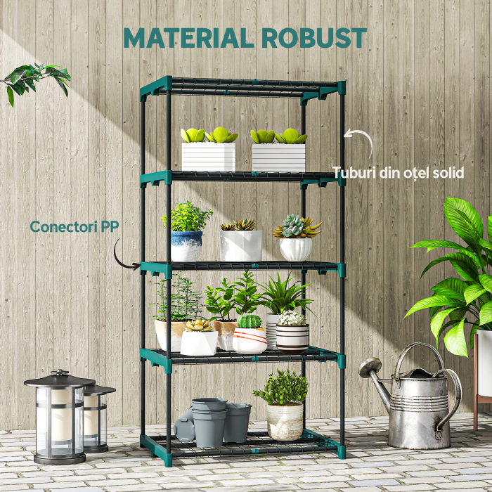  Suport pentru Plante Vertical cu 5 Nivele din Otel si Plastic, Suport Ghivece Interior si Exterior Gradina Balcon, 67x49x138 cm, Verde inchis [6]