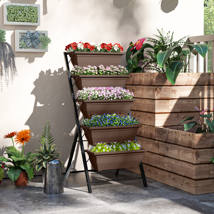  Suport pentru plante vertical pe 5 niveluri cu 5 ghivece cu orificii pentru drenaj, din otel si PE, 55x63x120 cm, maro [2]