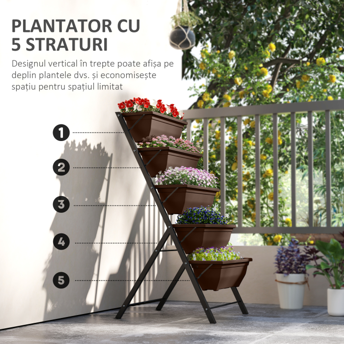  Suport pentru plante vertical pe 5 niveluri cu 5 ghivece cu orificii pentru drenaj, din otel si PE, 55x63x120 cm, maro [4]