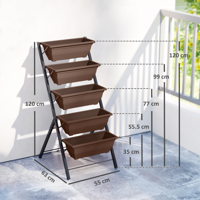  Suport pentru plante vertical pe 5 niveluri cu 5 ghivece cu orificii pentru drenaj, din otel si PE, 55x63x120 cm, maro [3]