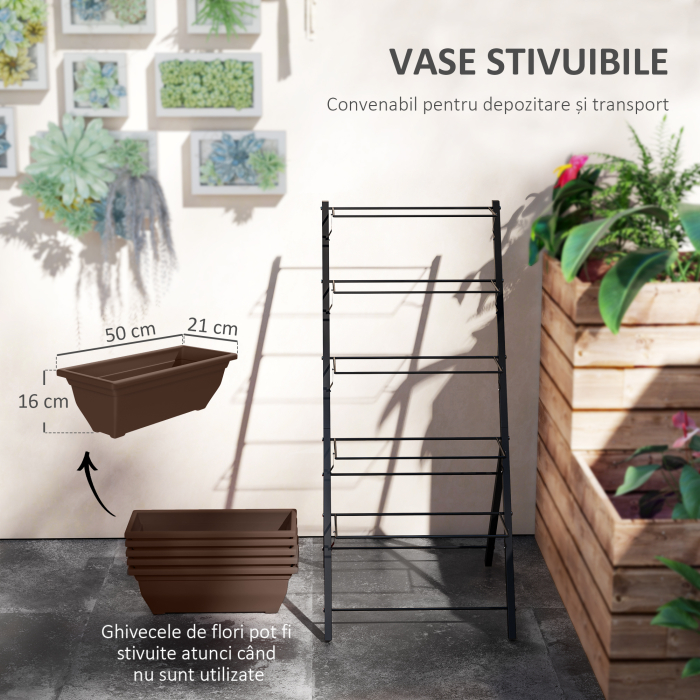  Suport pentru plante vertical pe 5 niveluri cu 5 ghivece cu orificii pentru drenaj, din otel si PE, 55x63x120 cm, maro [5]