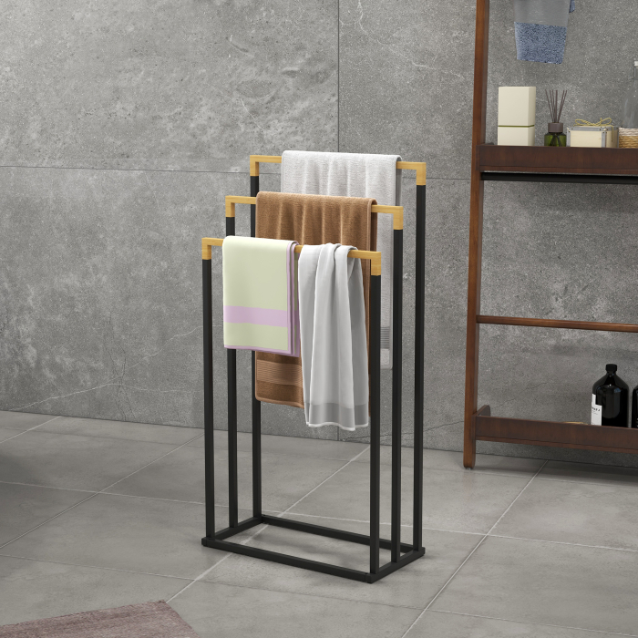  Suport pentru Prosoape cu 3 Bare din Bambus si Otel cu Design Autoportant, 45x22.5x86 cm, Negru si Lemn Natur [2]