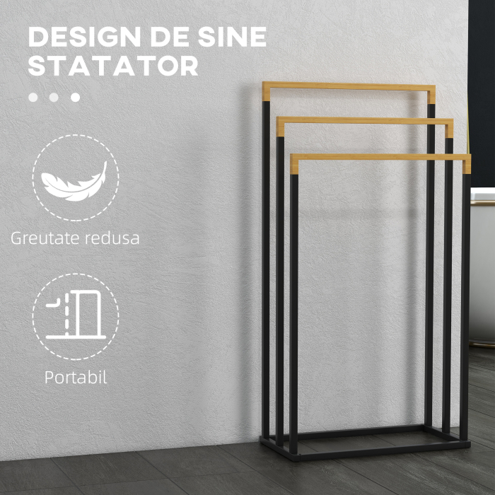  Suport pentru Prosoape cu 3 Bare din Bambus si Otel cu Design Autoportant, 45x22.5x86 cm, Negru si Lemn Natur [6]