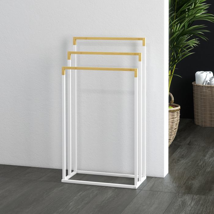  Suport pentru Prosoape din Bambus si Otel cu Design Independent, 45x22.5x86 cm, Alb [7]