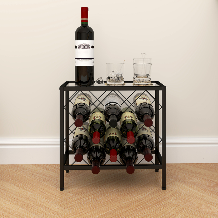  Suport pentru Sticle de Vin cu Blat din Sticla Securizata si Cadru din Otel, 41x22x41 cm, Negru [8]