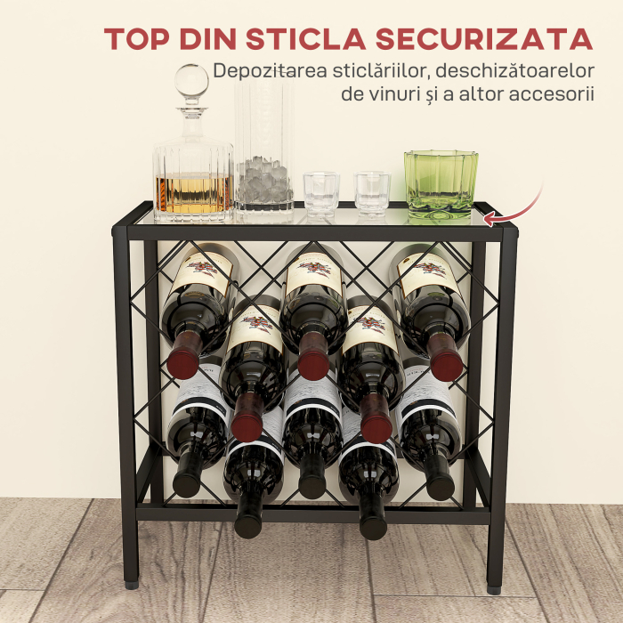  Suport pentru Sticle de Vin cu Blat din Sticla Securizata si Cadru din Otel, 41x22x41 cm, Negru [5]