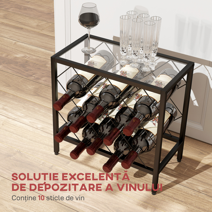  Suport pentru Sticle de Vin cu Blat din Sticla Securizata si Cadru din Otel, 41x22x41 cm, Negru [4]
