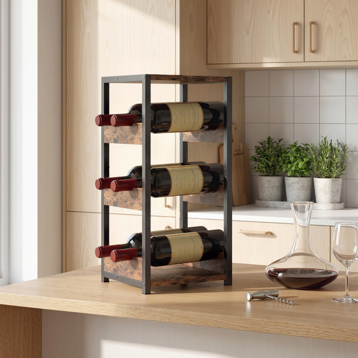  Suport pentru Sticle, Rafturi Ondulate, Picioare Reglabile, Maro Rustic, Negru [2]