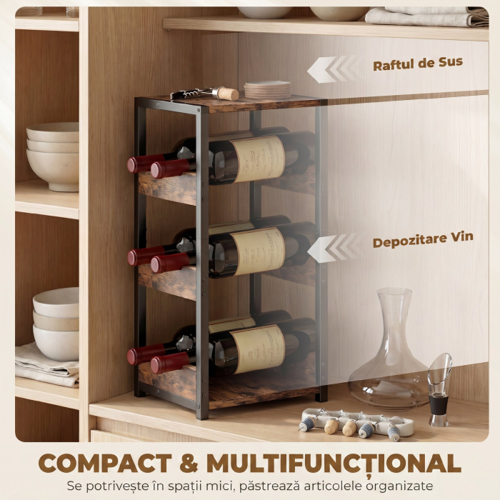 Suport pentru Sticle, Rafturi Ondulate, Picioare Reglabile, Maro Rustic, Negru [4]