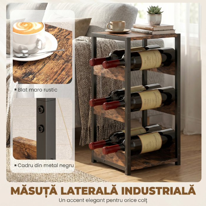  Suport pentru Sticle, Rafturi Ondulate, Picioare Reglabile, Maro Rustic, Negru [6]