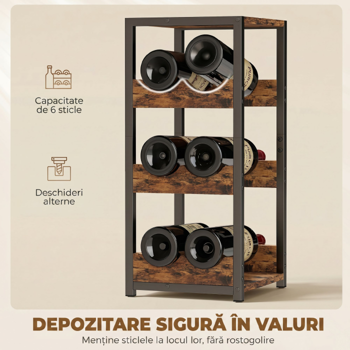  Suport pentru Sticle, Rafturi Ondulate, Picioare Reglabile, Maro Rustic, Negru [5]