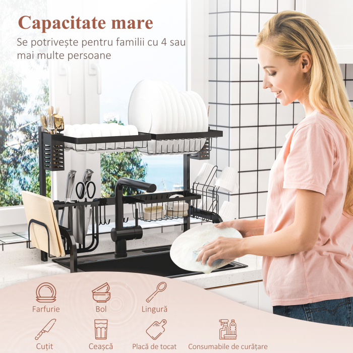  Suport pentru Vase Modulabil de Chiuveta cu 2 Niveluri, Picioare Antialunecare, din Otel, 65x31,5x52,5 cm, Negru [6]