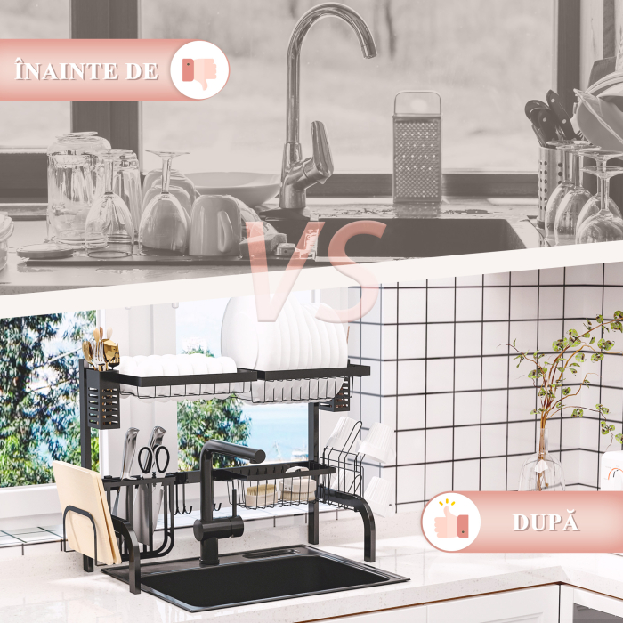  Suport pentru Vase Modulabil de Chiuveta cu 2 Niveluri, Picioare Antialunecare, din Otel, 65x31,5x52,5 cm, Negru [4]