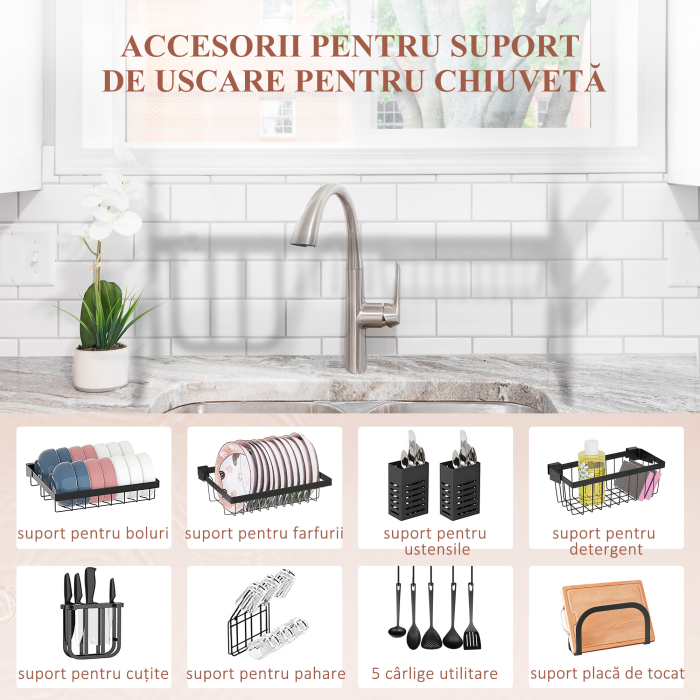  Suport pentru Vase Modulabil de Chiuveta cu 2 Niveluri, Picioare Antialunecare, din Otel, 65x31,5x52,5 cm, Negru [5]