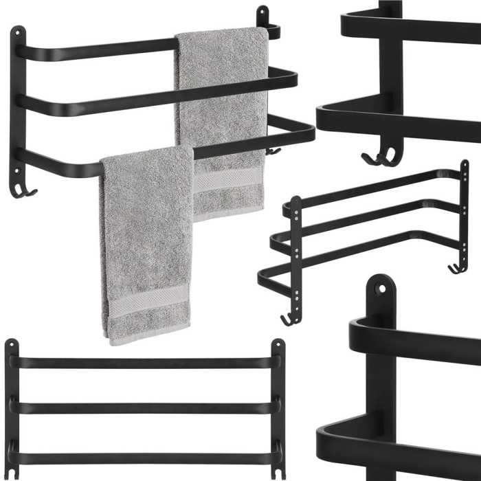 Suport prosoape pentru baie cu 2 sisteme de instalare, 3 brate, din aluminiu, 49x25cm, negru [3]