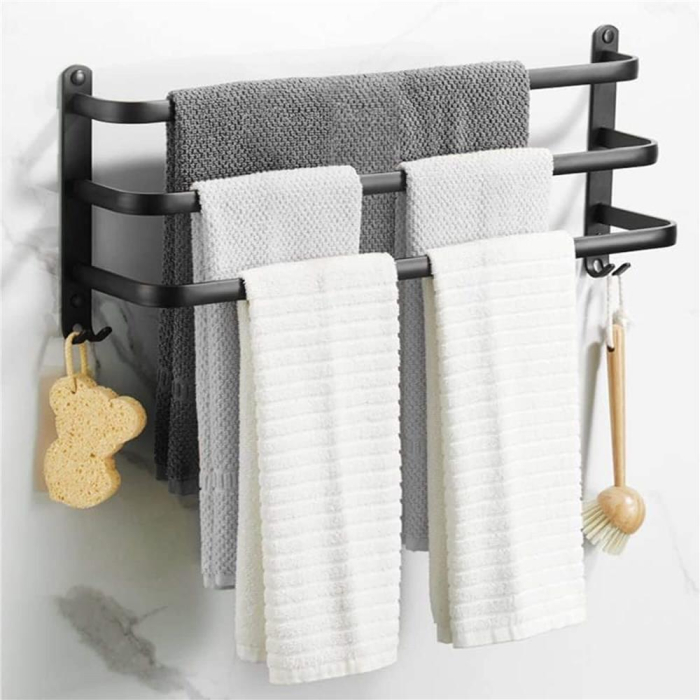 Suport prosoape pentru baie cu 2 sisteme de instalare, 3 brate, din aluminiu, 49x25cm, negru [6]