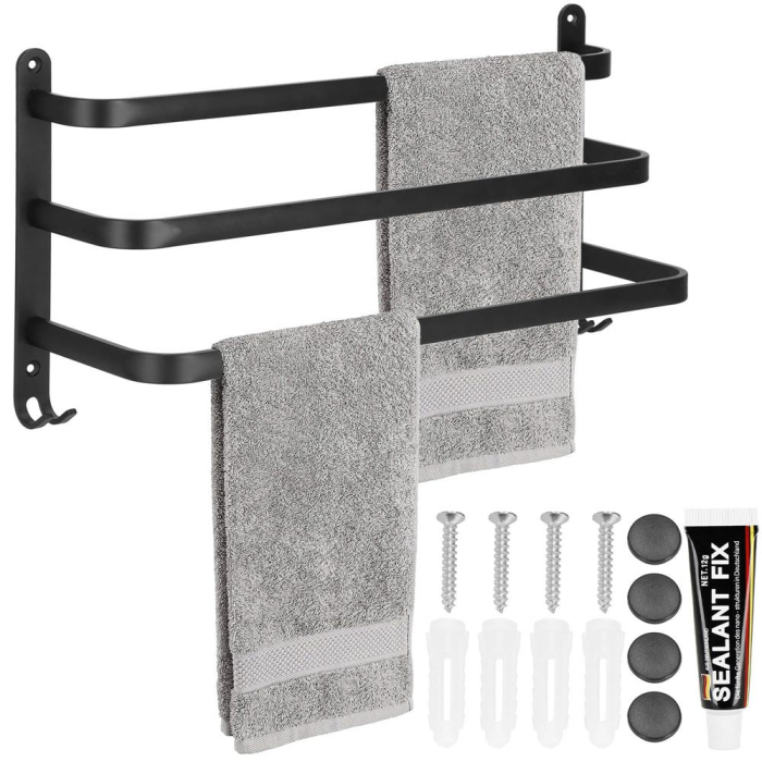 Suport prosoape pentru baie cu 2 sisteme de instalare, 3 brate, din aluminiu, 49x25cm, negru [17]