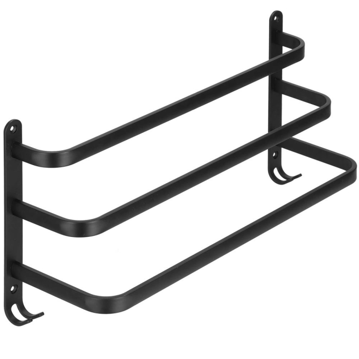 Suport prosoape pentru baie cu 2 sisteme de instalare, 3 brate, din aluminiu, 49x25cm, negru [16]