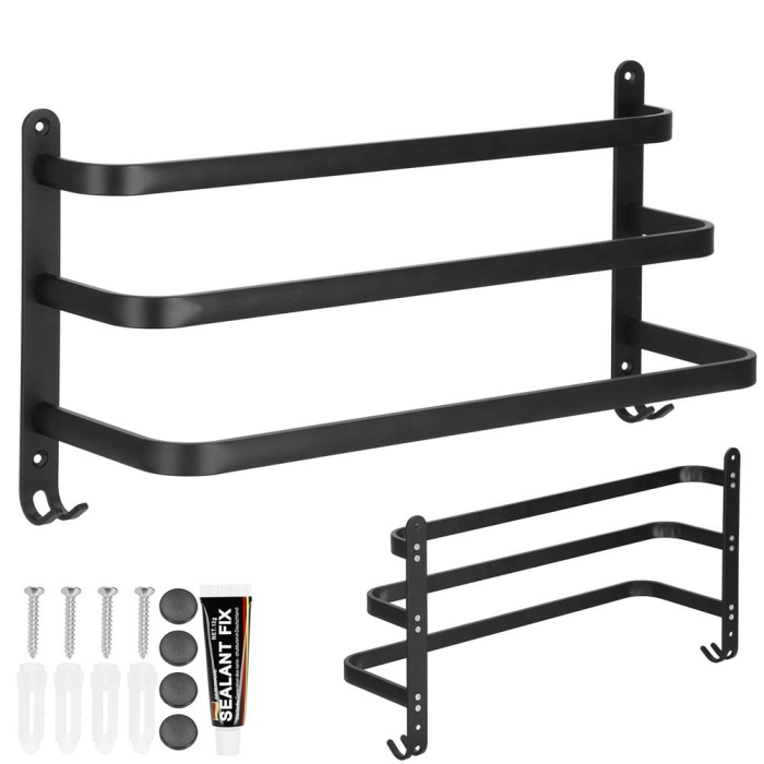 Suport prosoape pentru baie cu 2 sisteme de instalare, 3 brate, din aluminiu, 49x25cm, negru [2]