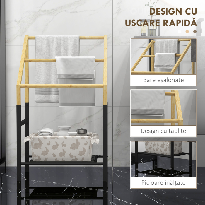  Suport Prosoape Podea - Negru, cu 3 Bare & Raft Inferior [6]