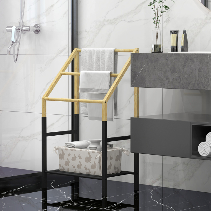  Suport Prosoape Podea - Negru, cu 3 Bare & Raft Inferior [2]