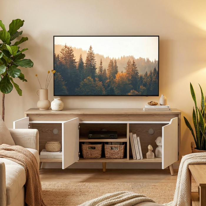  Suport TV, Mobilier TV pentru Televizoare de pana la 55", cu 3 Compartimente si Raft Reglabil, Mobilier pentru Living cu 5 Picioare din Lemn, Stejar si Alb [8]