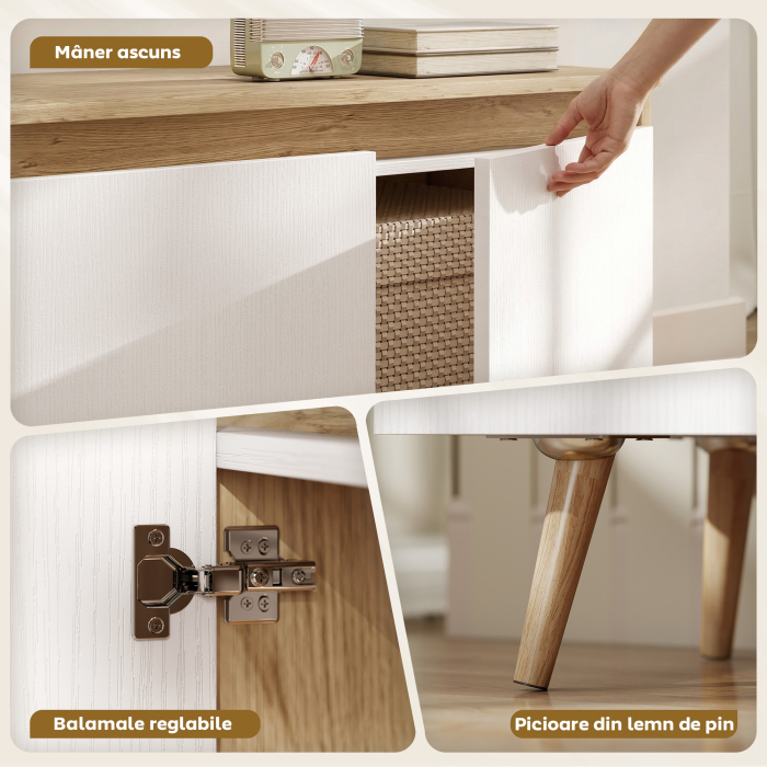  Suport TV, Mobilier TV pentru Televizoare de pana la 55", cu 3 Compartimente si Raft Reglabil, Mobilier pentru Living cu 5 Picioare din Lemn, Stejar si Alb [7]