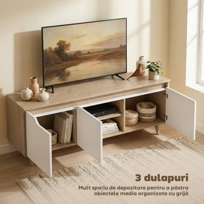  Suport TV, Mobilier TV pentru Televizoare de pana la 55", cu 3 Compartimente si Raft Reglabil, Mobilier pentru Living cu 5 Picioare din Lemn, Stejar si Alb [5]