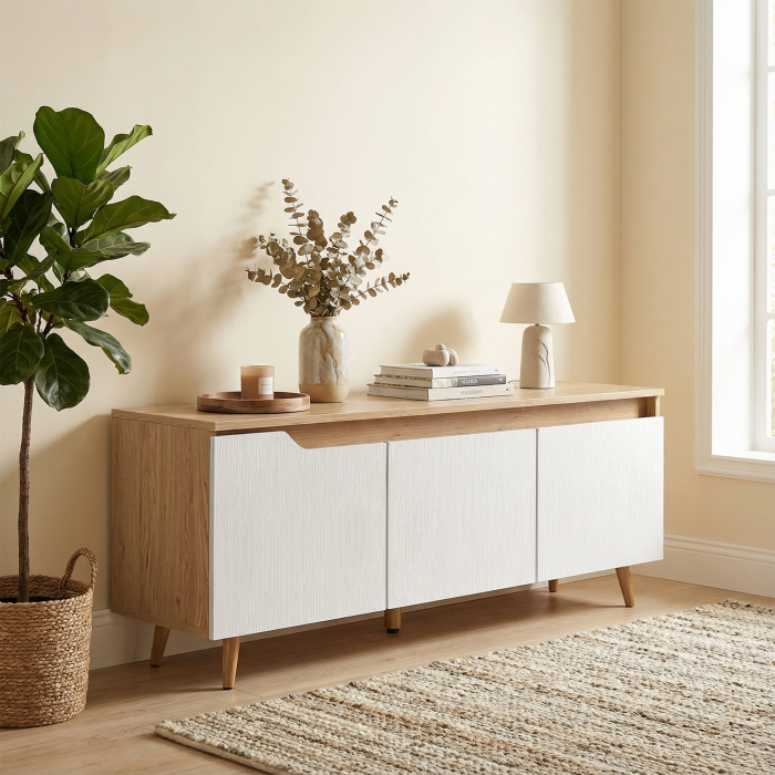  Suport TV, Mobilier TV pentru Televizoare de pana la 55", cu 3 Compartimente si Raft Reglabil, Mobilier pentru Living cu 5 Picioare din Lemn, Stejar si Alb [9]