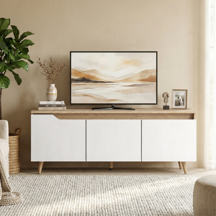 Suport TV, Mobilier TV pentru Televizoare de pana la 55", cu 3 Compartimente si Raft Reglabil, Mobilier pentru Living cu 5 Picioare din Lemn, Stejar si Alb [2]