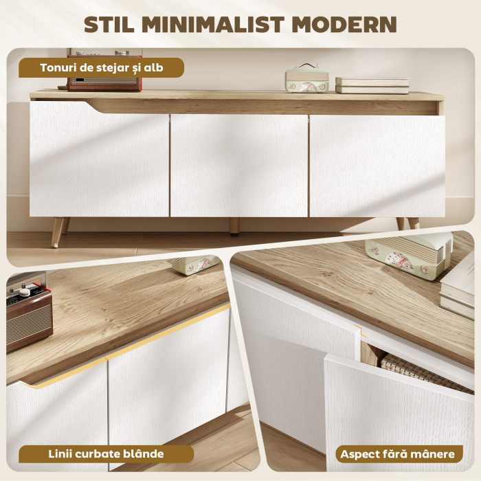  Suport TV, Mobilier TV pentru Televizoare de pana la 55", cu 3 Compartimente si Raft Reglabil, Mobilier pentru Living cu 5 Picioare din Lemn, Stejar si Alb [4]
