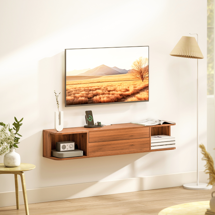  Suport TV suspendat pana la 50" cu prize de curent, USB si tip C, sertar si rafturi, 120x24x22.4 cm, Nuc [9]
