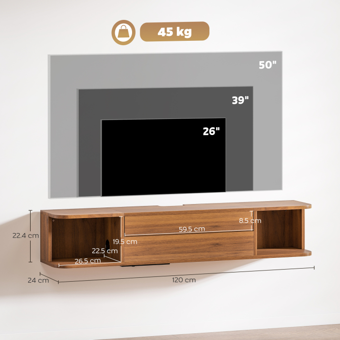  Suport TV suspendat pana la 50" cu prize de curent, USB si tip C, sertar si rafturi, 120x24x22.4 cm, Nuc [3]