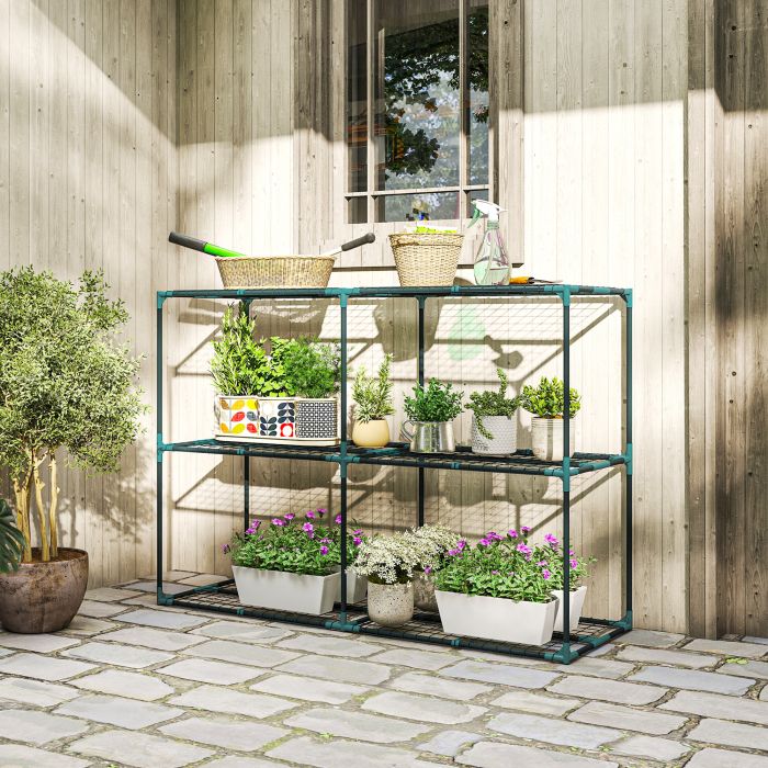  Suport Vertical pentru Plante cu 3 Niveluri din Otel si Plastic, Suport Ghivece pentru Interior si Exterior Gradina Balcon, 143x48x100 cm, Verde inchis [2]
