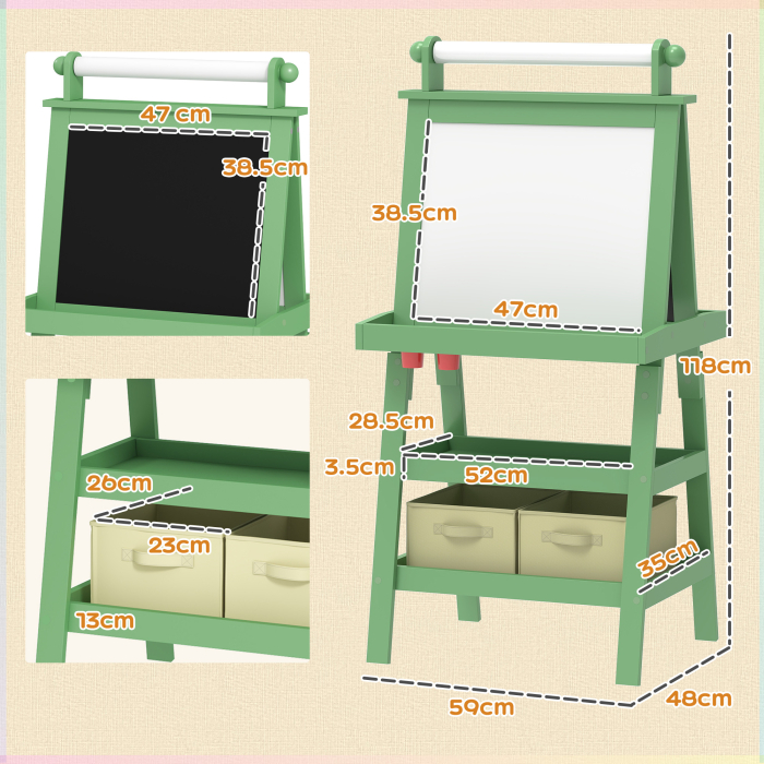  Tabla pentru Copii cu sevalet 3 in 1, Sul de Hartie si 2 Recipiente, din Lemn, 59x48x118 cm, Verde [3]