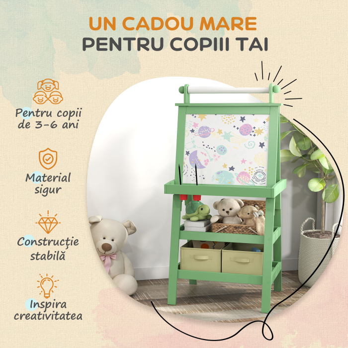  Tabla pentru Copii cu sevalet 3 in 1, Sul de Hartie si 2 Recipiente, din Lemn, 59x48x118 cm, Verde [6]