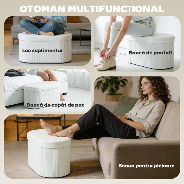 Taburet cu Spatiu de Depozitare Pliabil , Banca Moderna Tapitata cu Catifea, Suport pentru Picioare cu Compartiment de 72L pentru Sufragerie si Dormitor, 76x38x35 cm, Crem [7]