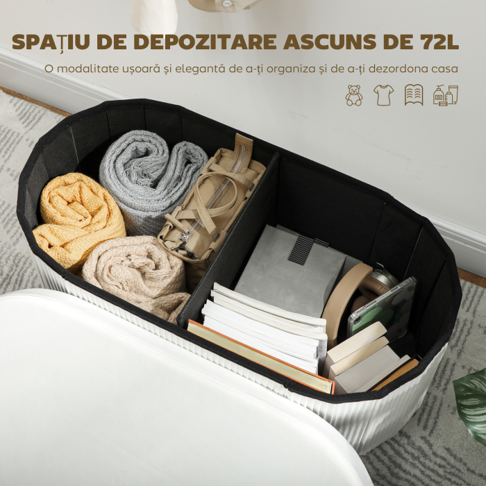 Taburet cu Spatiu de Depozitare Pliabil , Banca Moderna Tapitata cu Catifea, Suport pentru Picioare cu Compartiment de 72L pentru Sufragerie si Dormitor, 76x38x35 cm, Crem [4]