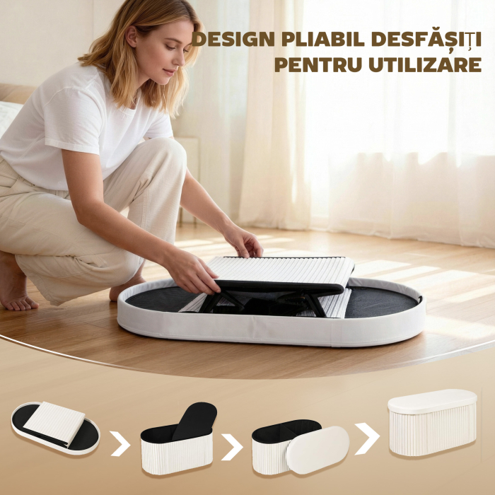 Taburet cu Spatiu de Depozitare Pliabil , Banca Moderna Tapitata cu Catifea, Suport pentru Picioare cu Compartiment de 72L pentru Sufragerie si Dormitor, 76x38x35 cm, Crem [5]
